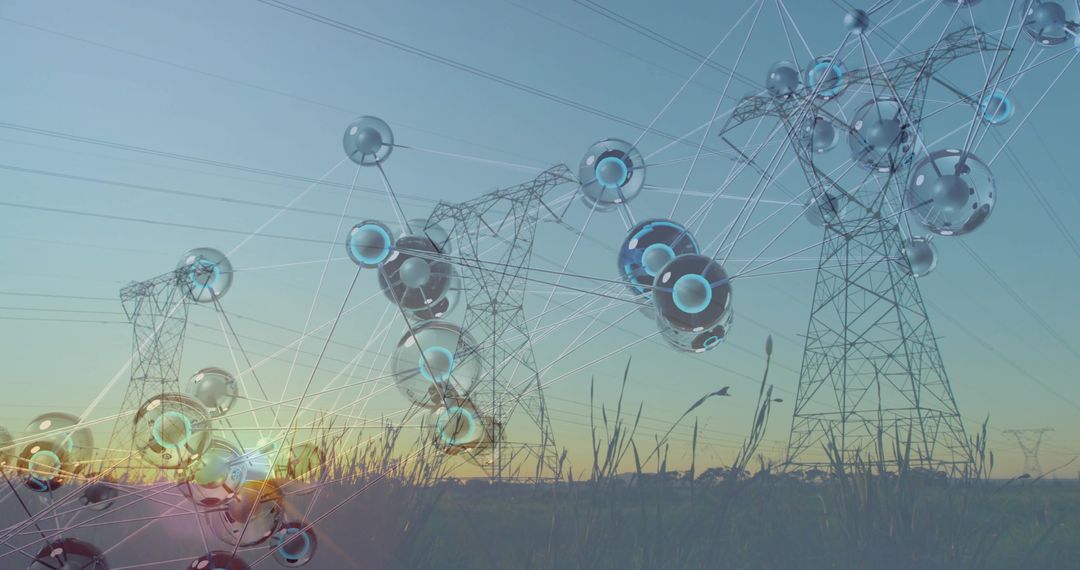 Smart Grid Network Overlay Connecting High-Voltage Transmission Towers in Sunset Meadow