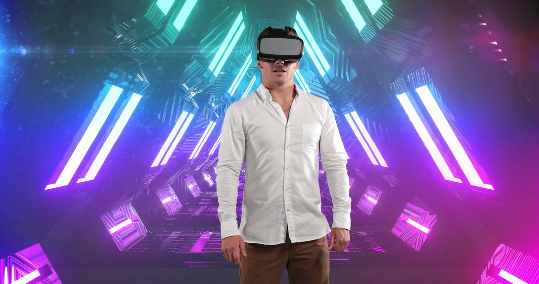 Man Experiencing Virtual Reality in Neon Tunnel