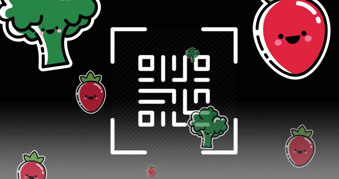 Fun Cartoon QR Code with Bright Fruits and Vegetables