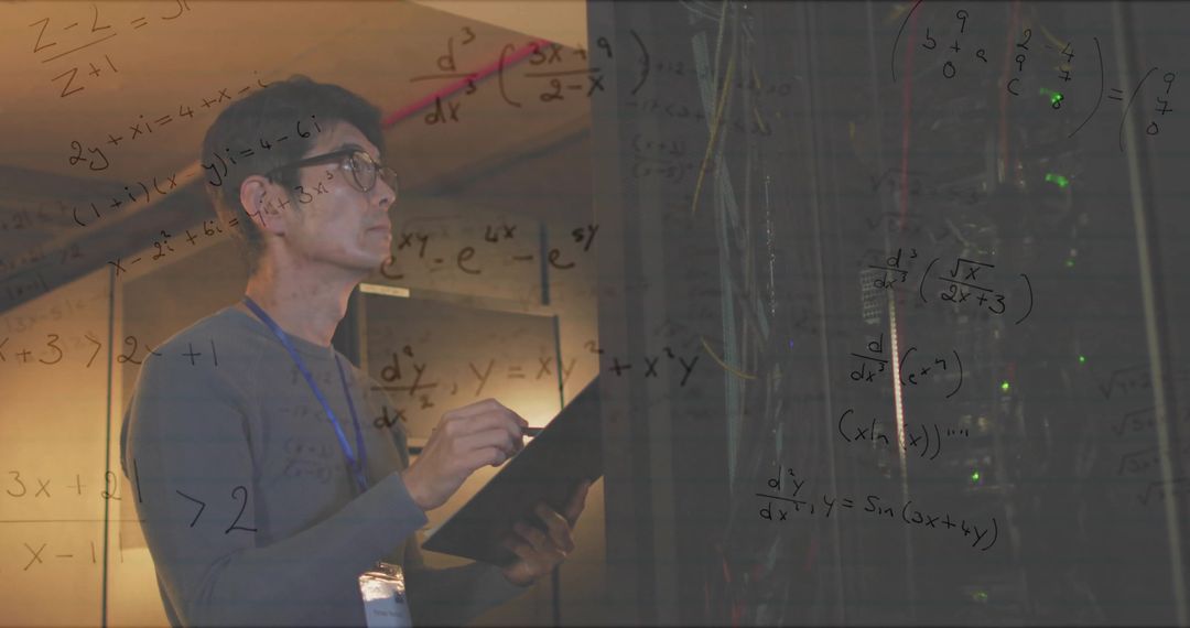 Technician Analyzing Servers in Data Center with Calculations Overlay
