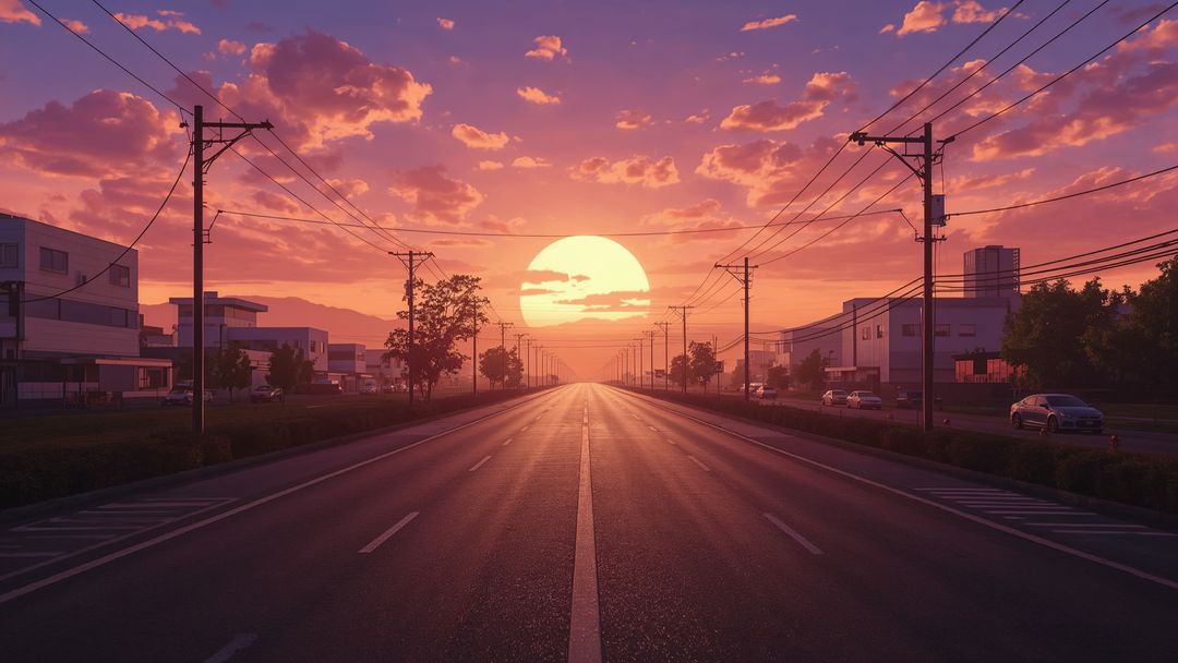 Empty Suburban Road with Mesmerizing Sunset and Reflections
