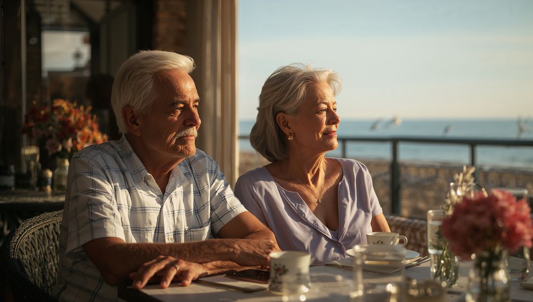 Senior Couple Enjoying Seaside Terrace at Golden Hour, Relaxing on Balcony Overlooking Ocean