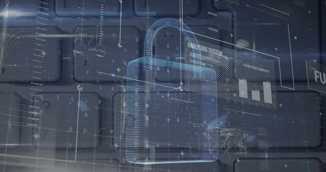 Futuristic digital lock overlay on keyboard symbolizing data security