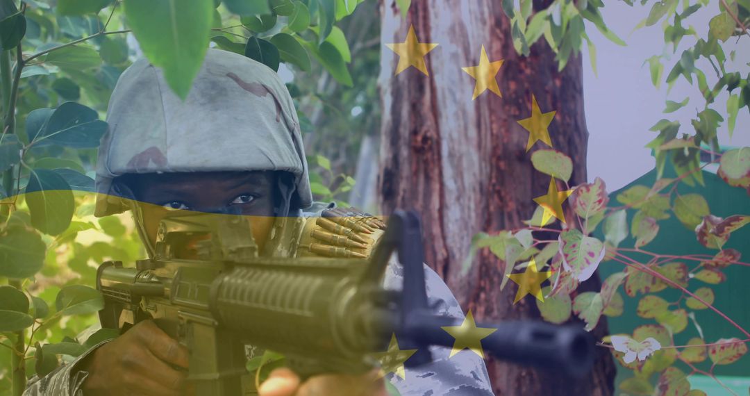 Hooded soldier aiming assault rifle in forest camouflage with golden stars overlay