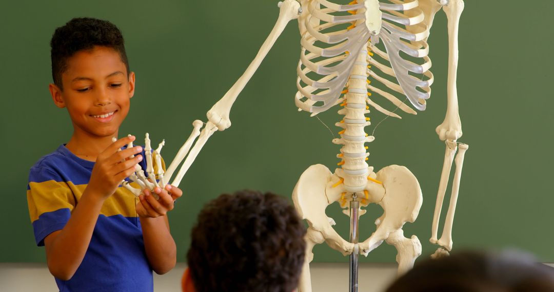 Curious Students Exploring Human Skeleton Model in Classroom