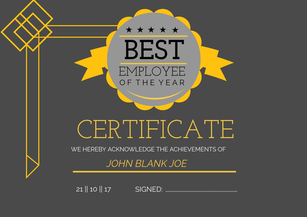 Editable Best Employee of the Year Certificate Template with Modern Design - Download Free Stock Templates Pikwizard.com