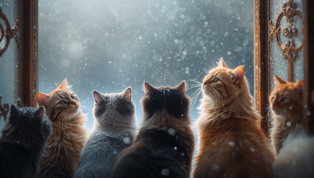 Six Feline Friends Enjoying Winter View Through Frosted Glass