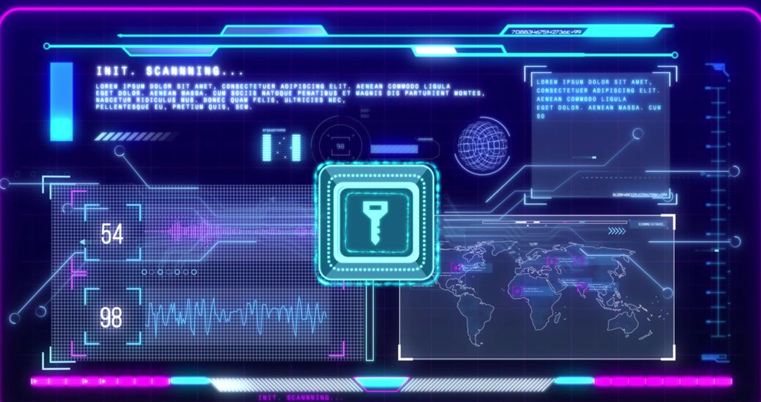 Futuristic Cyber Security Interface with Neon Key and Digital Elements
