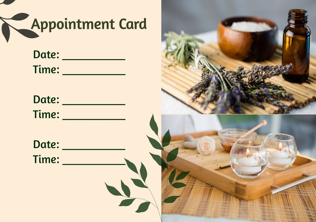 Spa Appointment Card with Essential Oils, Candles, and Lavender - Download Free Stock Templates Pikwizard.com