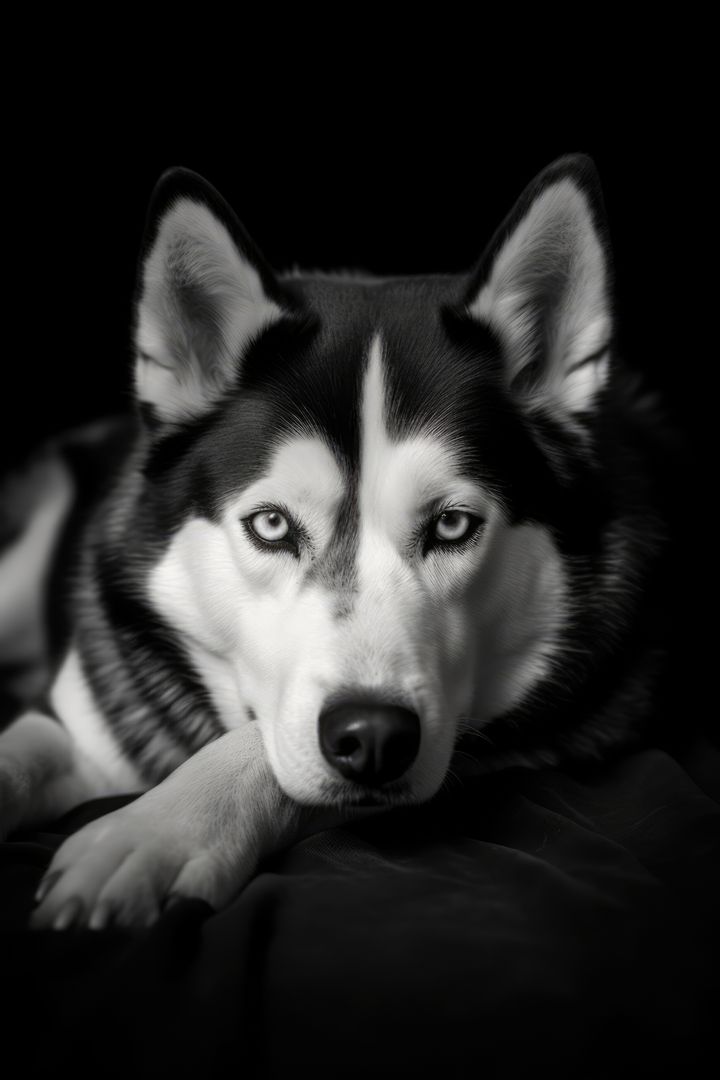 Close-up of Calm Siberian Husky with Blue Eyes on Black Background - Free Images, Stock Photos and Pictures on Pikwizard.com