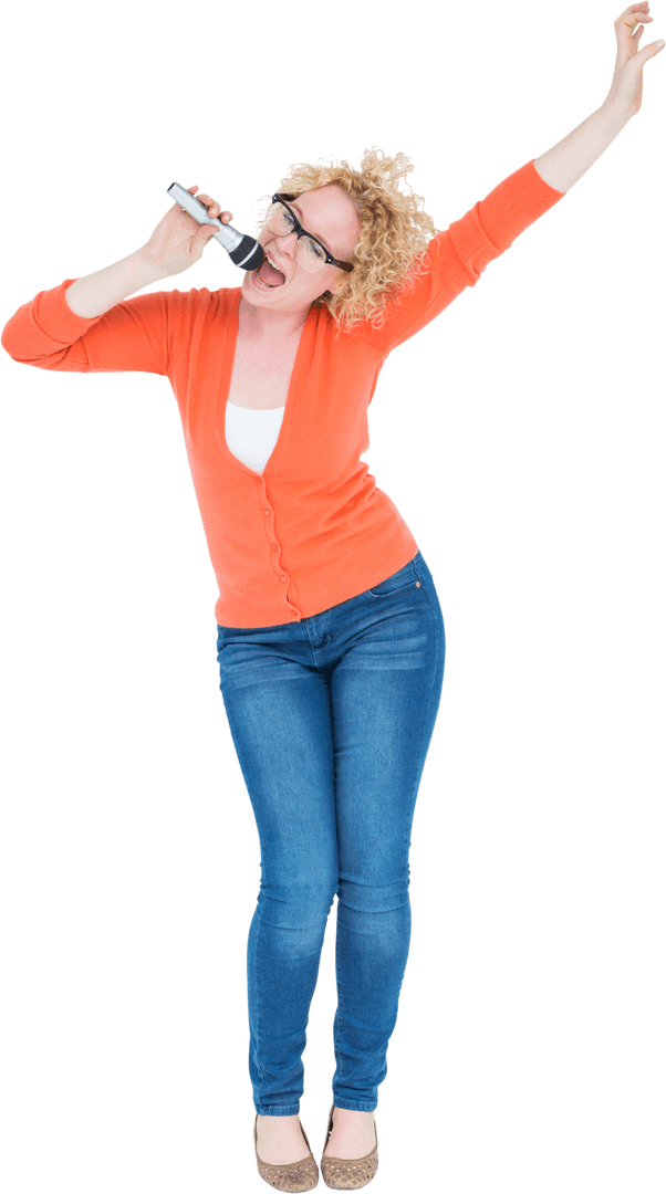 Joyful Woman Singing with Microphone in Stylish Orange Outfit on Transparent Background