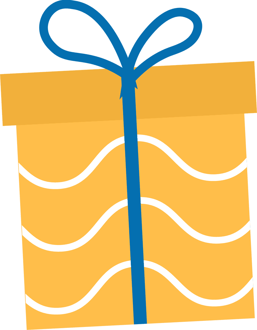 Yellow Gift Box with Blue Ribbon and White Stripes on Transparent Background