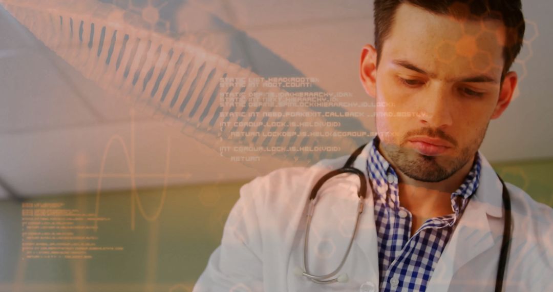 Male Doctor Analyzing Data with Modern Digital Interface Overlay