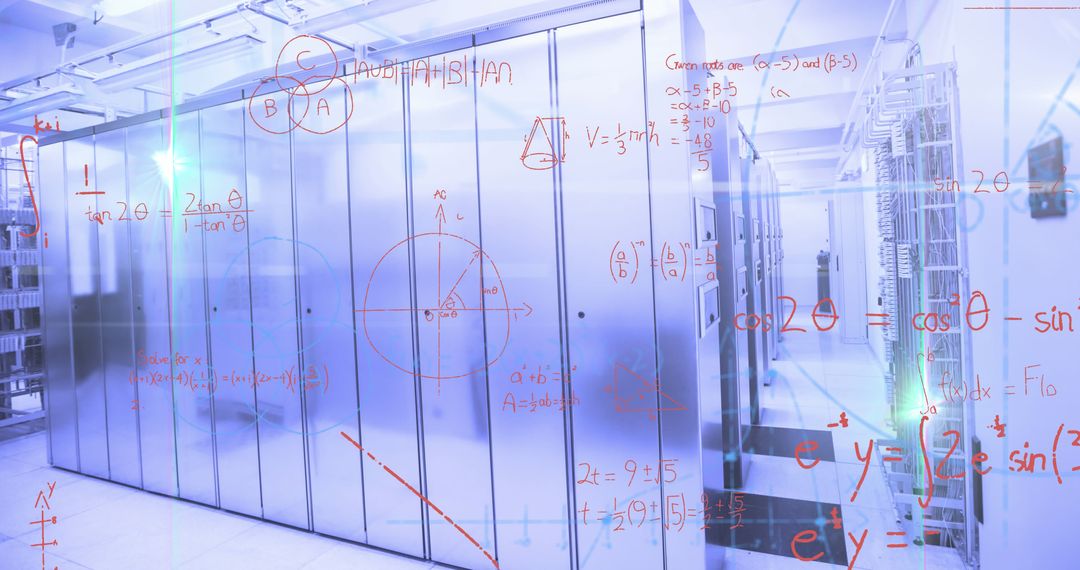 Computer Server Room with Overlaid Mathematical Equations