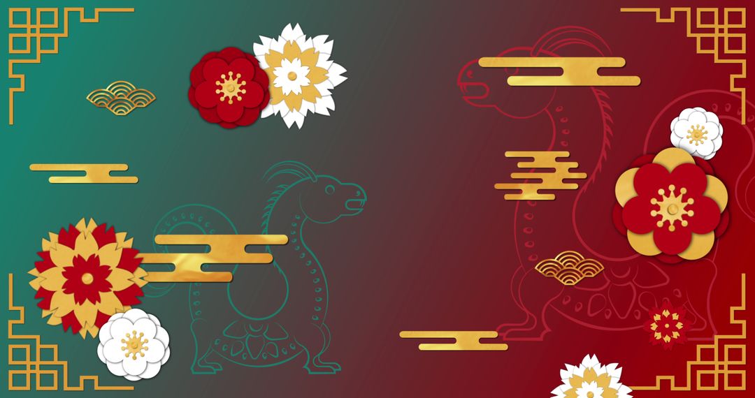 Chinese New Year Background with Dragons and Traditional Patterns in Red and Green - Free Images, Stock Photos and Pictures on Pikwizard.com