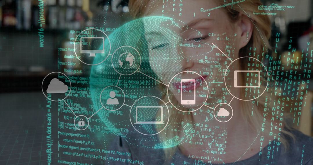 Woman Analyzing Data with Cloud Integration in Modern Cafe