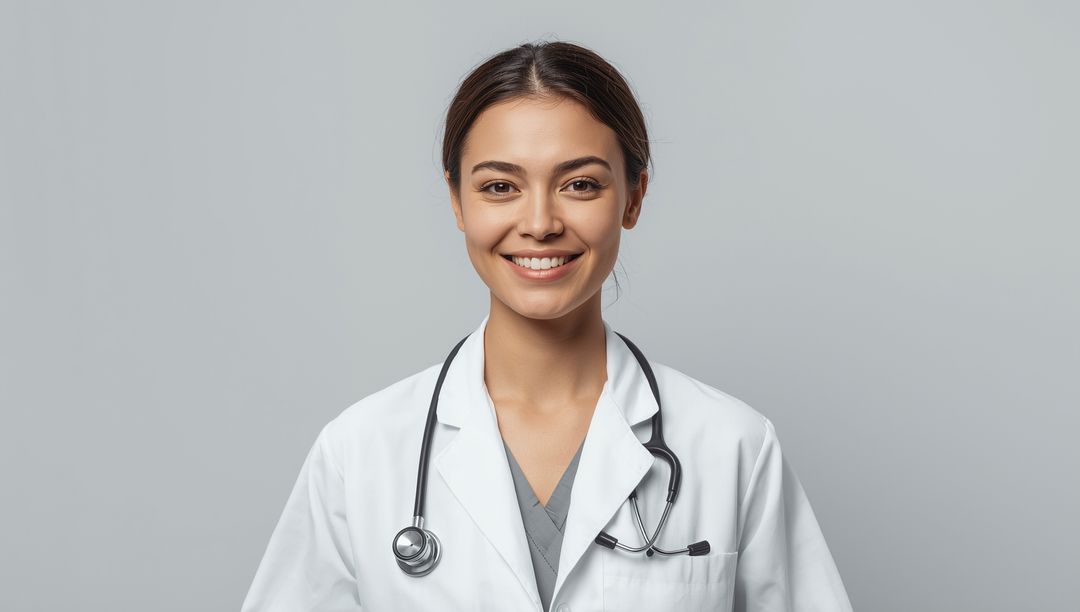 Smiling Female Doctor in Lab Coat with Stethoscope
