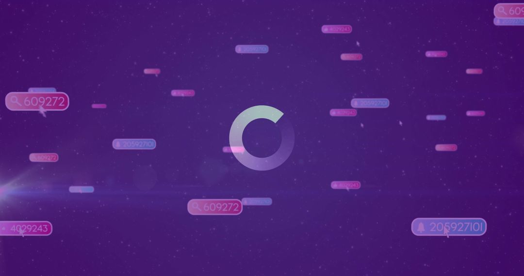 Central neon loading spinner with floating data tags on futuristic purple dashboard