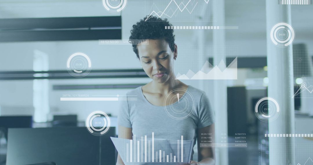 Businesswoman Analyzing Documents with Data Visualization