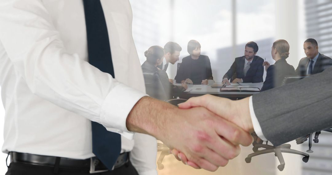 Businessmen Shaking Hands in Office with Meeting in Background - Free Images, Stock Photos and Pictures on Pikwizard.com