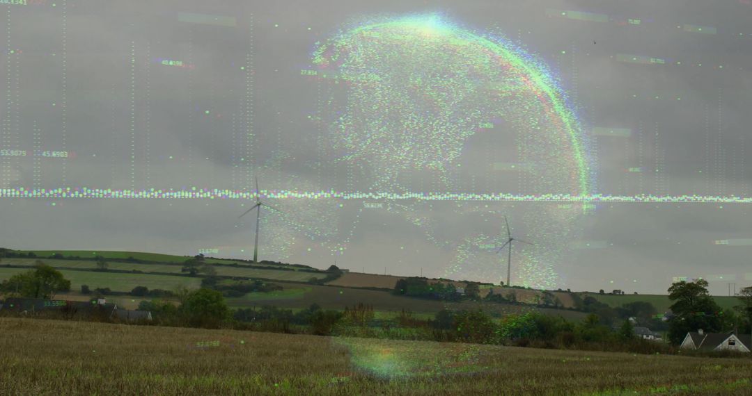 Futuristic Globe Over farmland With Wind Turbines Symbolizing Sustainable Tech