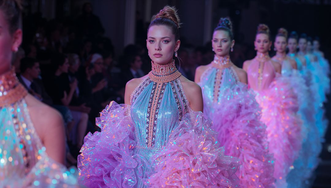 Glamorous Runway Models Display Elegant Ruffled Haute Couture Gowns
