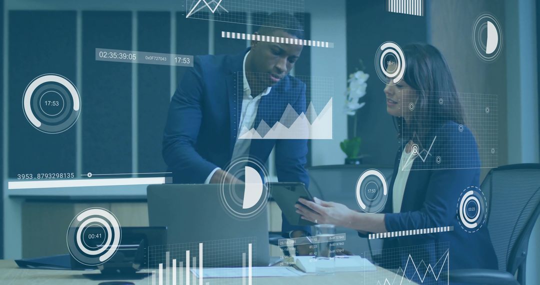 Business Professionals Collaborating with Innovative Data Visuals