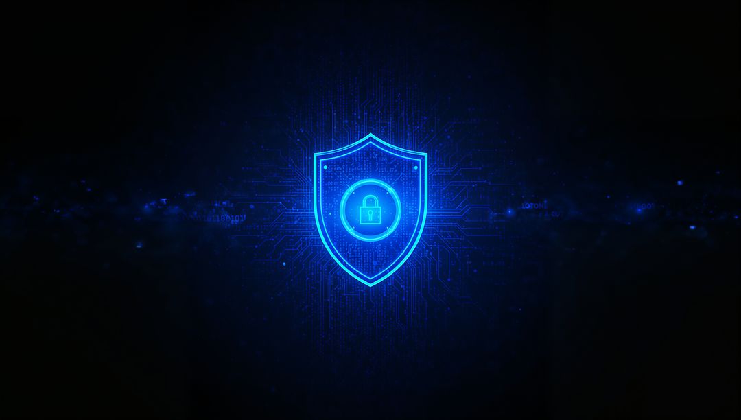 Glowing Neon Shield with Padlock Icon in Network Space