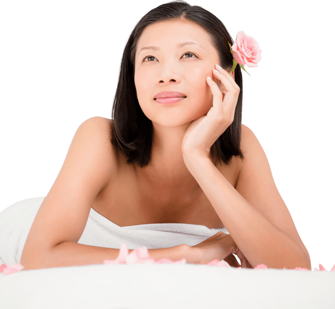 Tranquil Asian Woman Relaxing on Transparent Massage Table