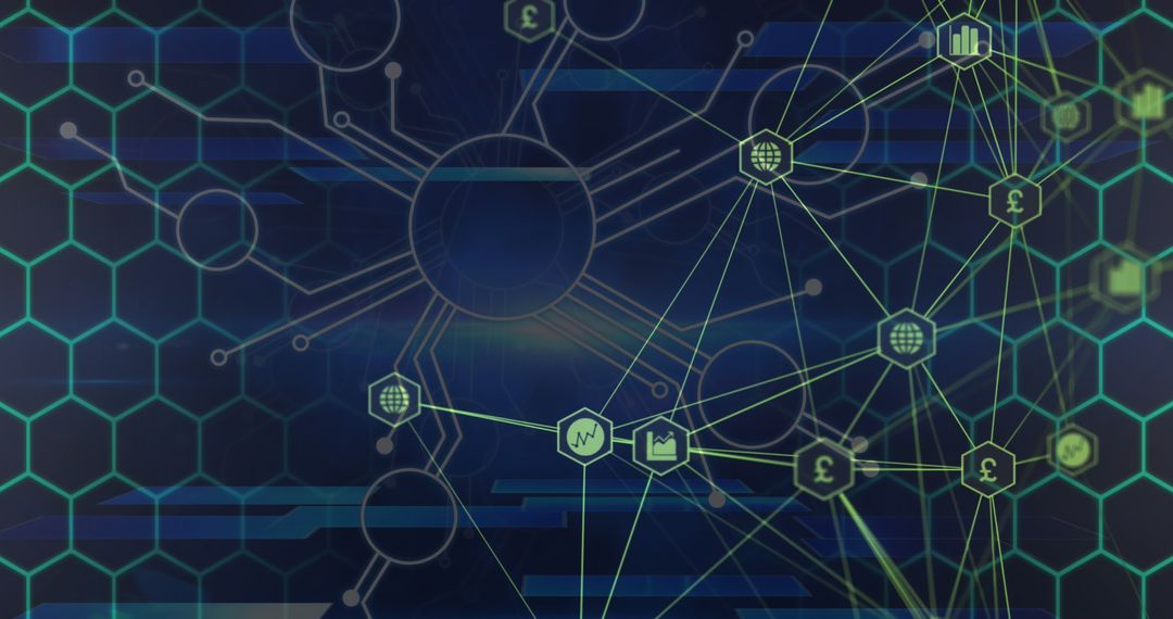 Digital Network with Hexagonal Connections on Navy Background