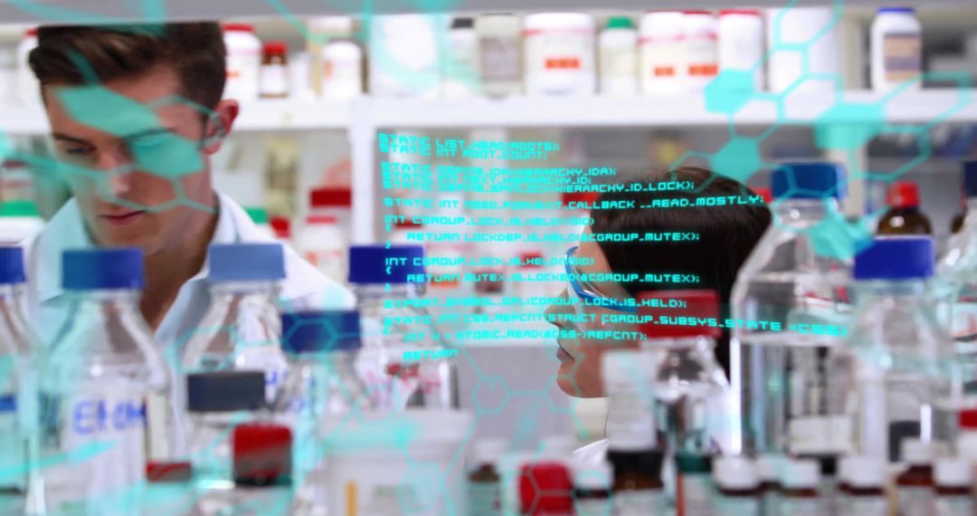 Scientists Analyzing Data with Chemical Formulas in Modern Laboratory