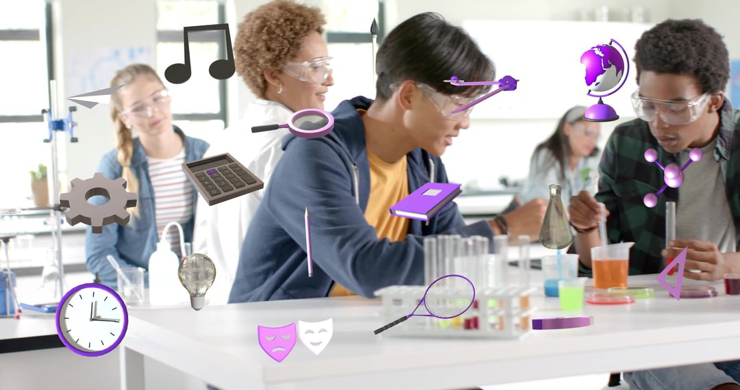High School Students Conducting Chemistry Lab with Augmented Reality STEM Icons and Safety Gear