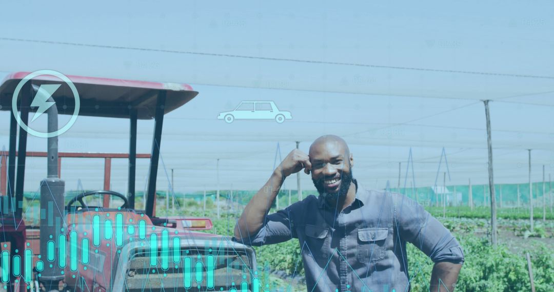 Smiling Farmer Analyzing Agricultural Data Next to Tractor