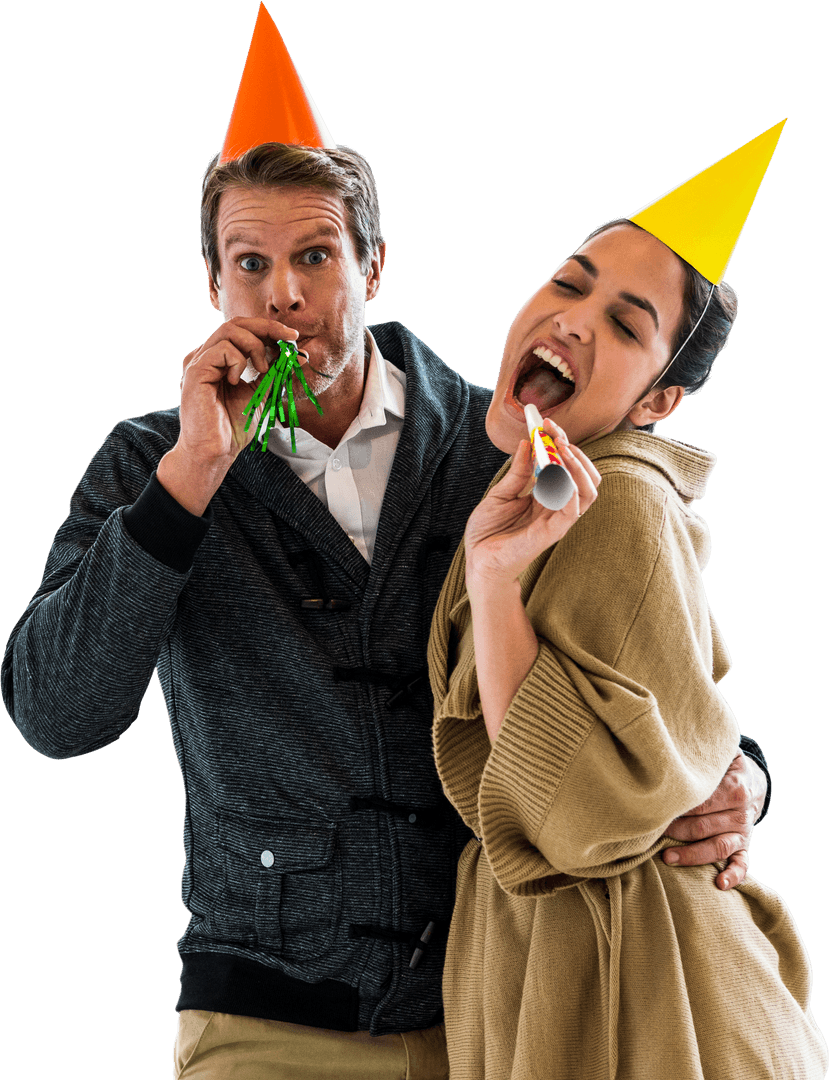 Cheerful Couple Celebrating with Party Hats and Noise Makers Transparent