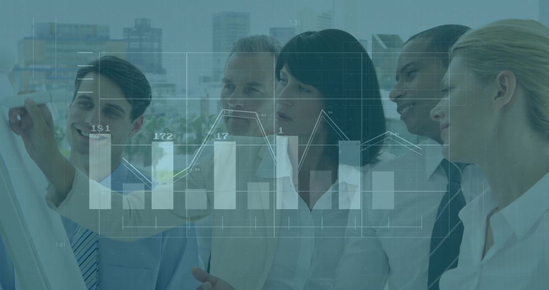 Diverse Team Analyzing Business Data with Chart Overlay in Modern Office