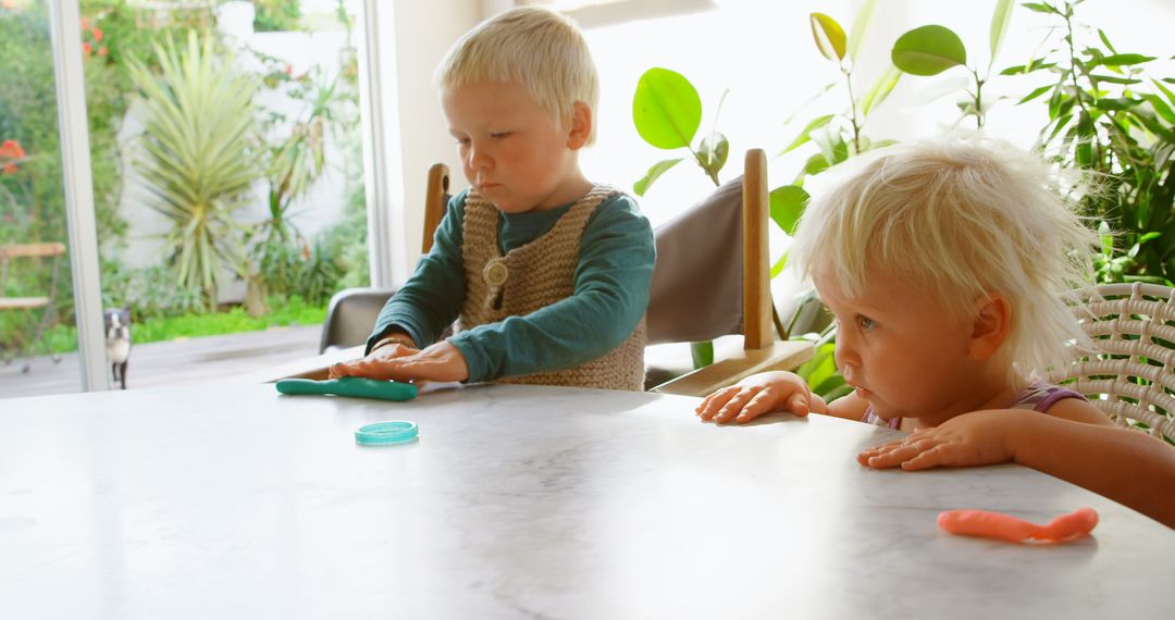 Caucasian Children Enjoying Creative Play with Clay Indoors