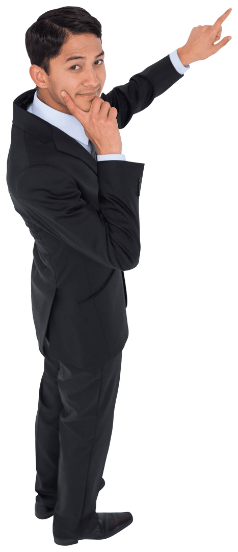 Smiling Asian Businessman Pointing Upwards on Transparent Background