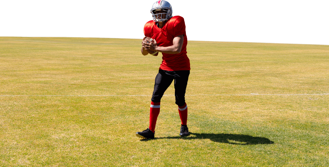 Hispanic Rugby Player Holding Ball on Transparent Background