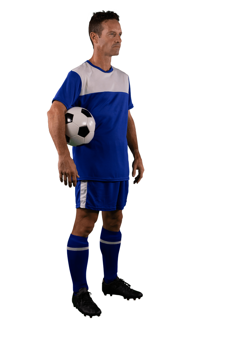 Caucasian Footballer Holding Ball on Transparent Background