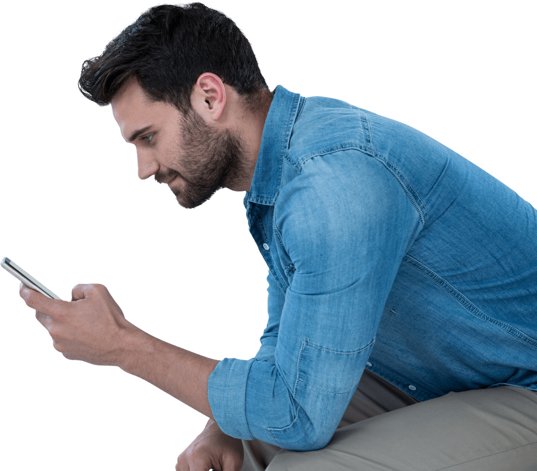 Transparent Man in Denim Using Smartphone Indoor