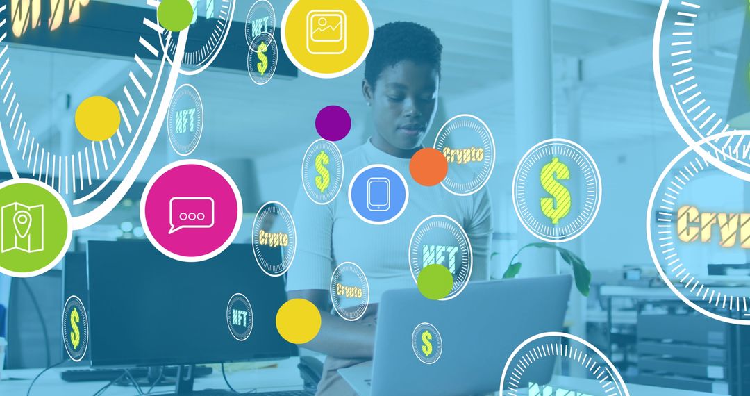 Diverse Woman Engaging Digital Finance Network in Modern Workspace