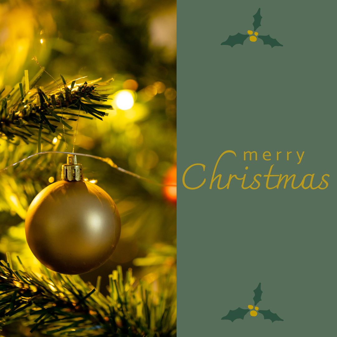Golden Bauble Hanging on Christmas Tree with Festive Text Greeting