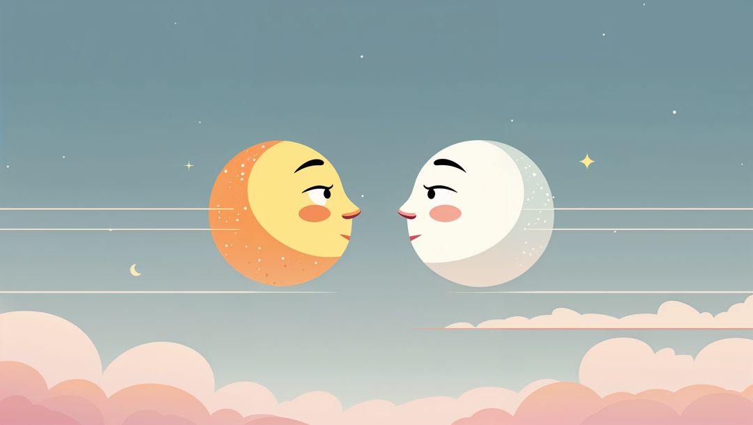 Whimsical sun and moon lovers meeting in twilight fantasy sky