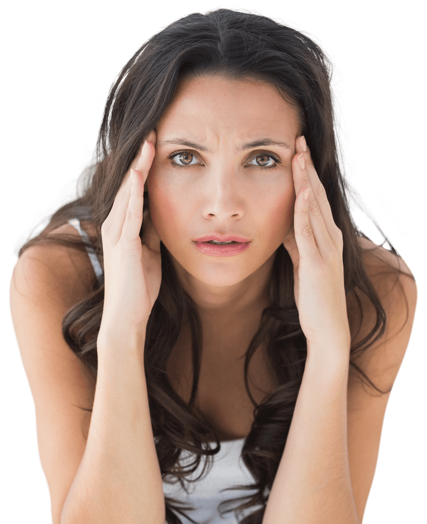 Transparent Woman with Headache Holding Temples