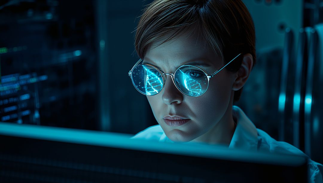 Focused Woman Analyzing Data on Monitor in Futuristic Server Room
