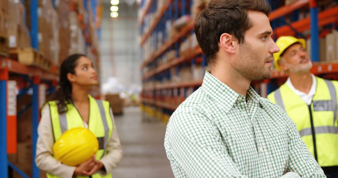 Warehouse Team Assessing Logistics in Storage Facility