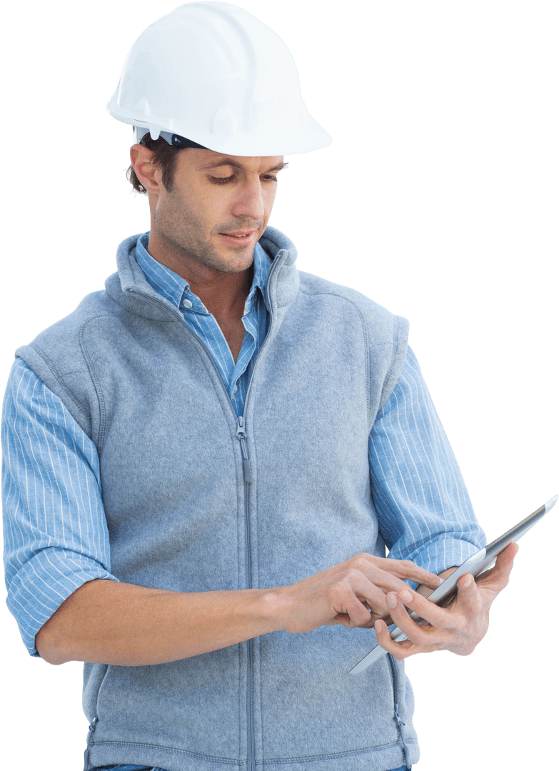 Architect with Hard Hat Using Transparent Digital Tablet Standing