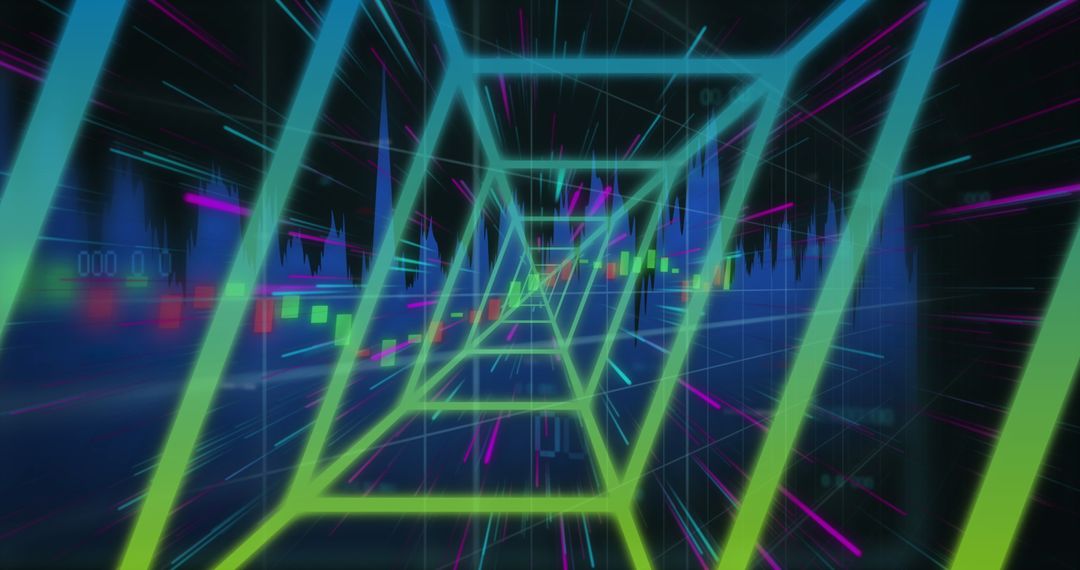 Neon Digital Futuristic Tunnel with Data Visualization