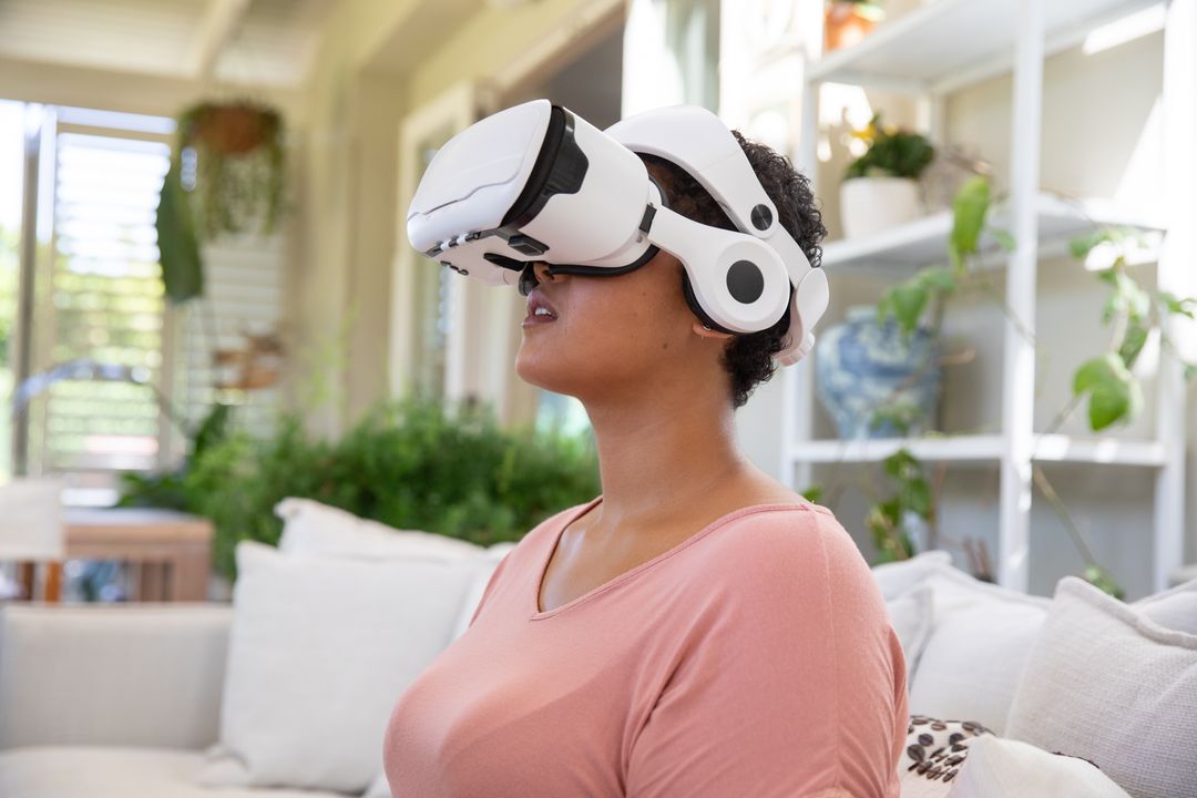 Woman Relaxing at Home with Virtual Reality Headset