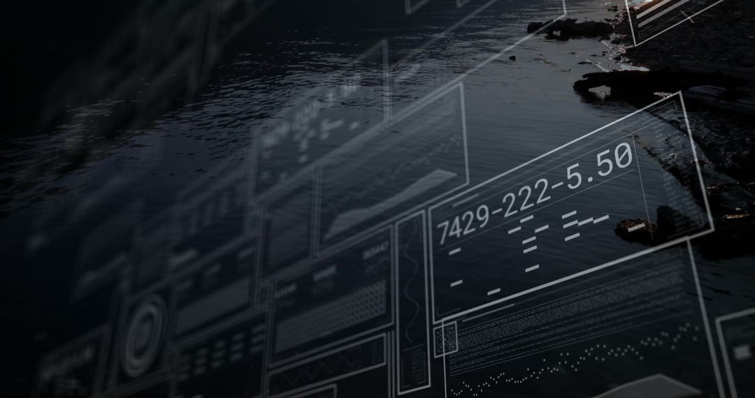 Futuristic Digital Interface Over Oceanscape at Dawn